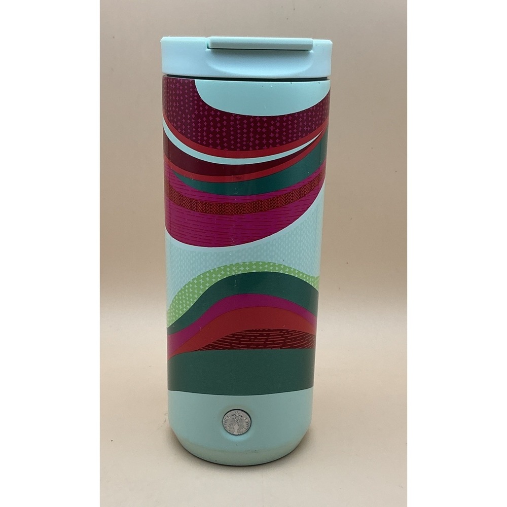 Starbucks 2021 Holiday Stainless Steel Tumbler 12oz Green Red Teal Groovy Waves